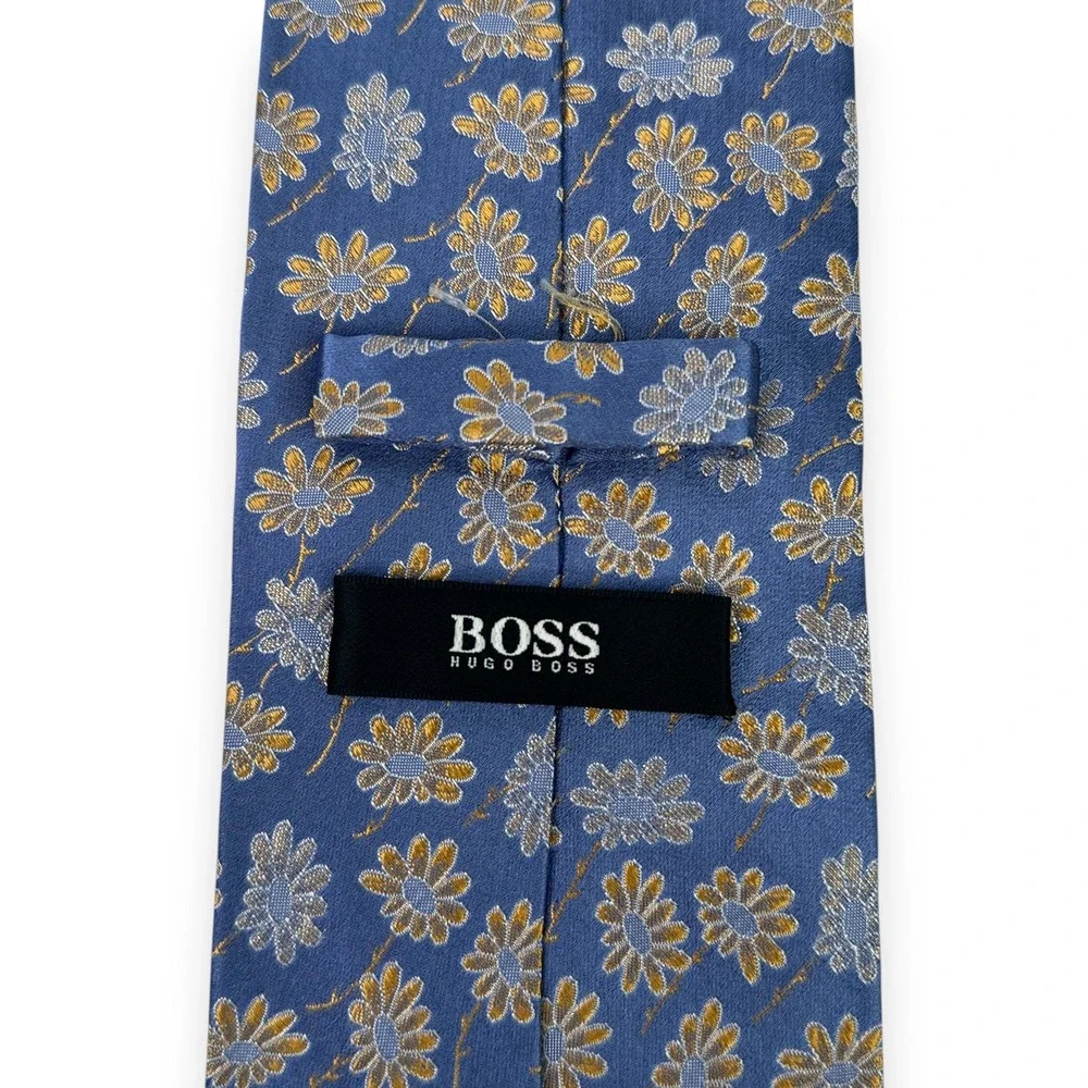Hugo Boss Mens Silk Tie 57 x 3.5 Blue Gold Floral Italy Designer Spring Wedding